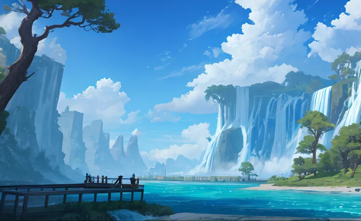 ConceptArt, no humans, scenery, water, sky, day, tree, cloud, waterfall, outdoors, building, nature, river, blue sky