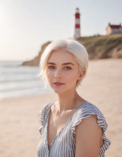 Coastal beauty, 1girl in a charming nautical outfit, (short white hair), striped shirt, (bright eyes, sun-kissed skin, carefree expression), sandy beach background, lighthouse, gentle sea breeze, playful pose, dynamic composition, golden hour lighting, blu...