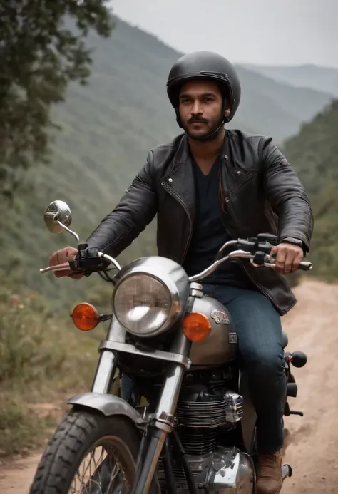 Homem sozinho,  andando em uma moto Himalayan da Royal Enfield