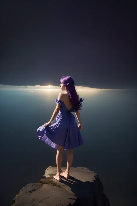 (extremamente detalhado, best quality), floating, an extremely delicate and beautiful dreamlike scene,, , [(1girl),(cabelo roxo longo), Rosto detalhado, neck ribbon, Vestido azul elegante, standing on a cloud, (tiro largo), (Atmosfera misteriosa):1.5],, , ...