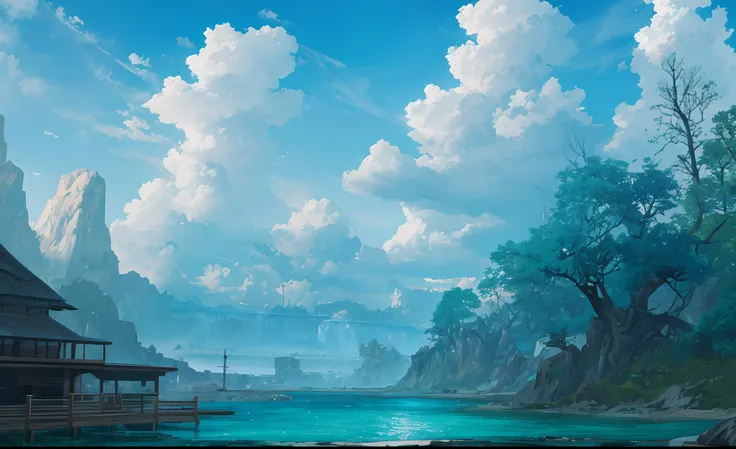 ConceptArt, no humans, scenery, water, sky, day, tree, cloud, waterfall, outdoors, building, nature, river, blue sky