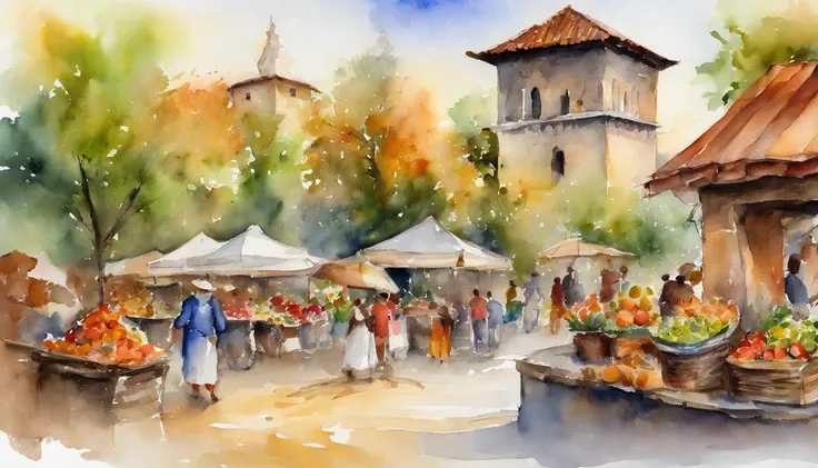 In the square，The bell tower is in the center、Celebrate the harvest festival、Watercolor touch、