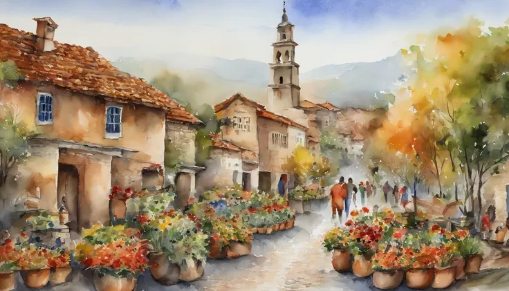 In the square，The bell tower is in the center、Celebrate the harvest festival、Watercolor touch、