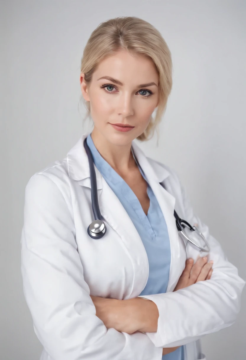 blond doctor with stethoscope over his neck, posing with arms crossed, white background, in the style of ultrafine detail, high quality photo, 35 mm f/2.4.