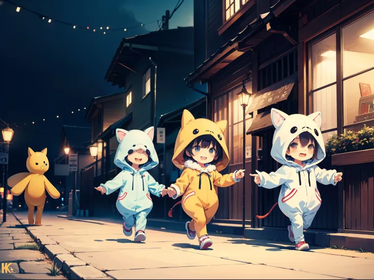 Cute chibi girls group shot, wearing animal fooded suits, kigurumi, SD character, Nendroid, walking, playing happy and cheerfully, outdoor, (ultra high resolution, 8K RAW photo, textile shading, anime style), simple background, bokeh,