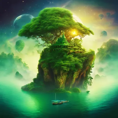 super high image, super detail, super high resolution, uninhabited island, dome-shaped island, towering cliffs, lush trees, emerald green natural cave, inanimate objects, an island without people or civilization, professional lighting