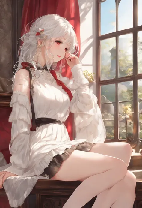 NSFW、​masterpiece、Top image quality、high detailing、Detailed beautiful face and eyes、abajour、window、(nighttime scene:1.5)、nighttime scene、(Longhaire:1.2)、(red eyes:1.2)、Delicate interior design、Light blue striped panties、length hair、(White Thigh Socks:1.2)、...