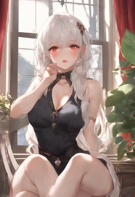 NSFW、​masterpiece、Top image quality、high detailing、Detailed beautiful face and eyes、abajour、window、(nighttime scene:1.5)、nighttime scene、(Longhaire:1.2)、(red eyes:1.2)、Delicate interior design、Light blue striped panties、length hair、(White Thigh Socks:1.2)、...