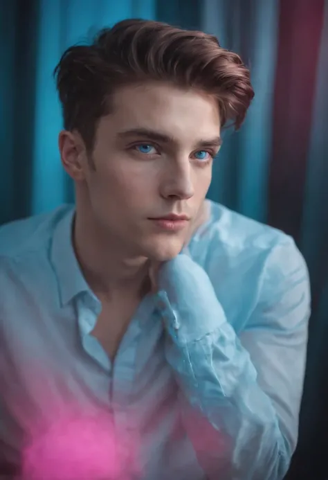 a young man with pink and blue eyes is photographed with his hair, in the style of neon realism, light and shadow play, layered imagery, volumetric lighting, split toning, surreal human figures, goerz hypergon 6.5mm f/8