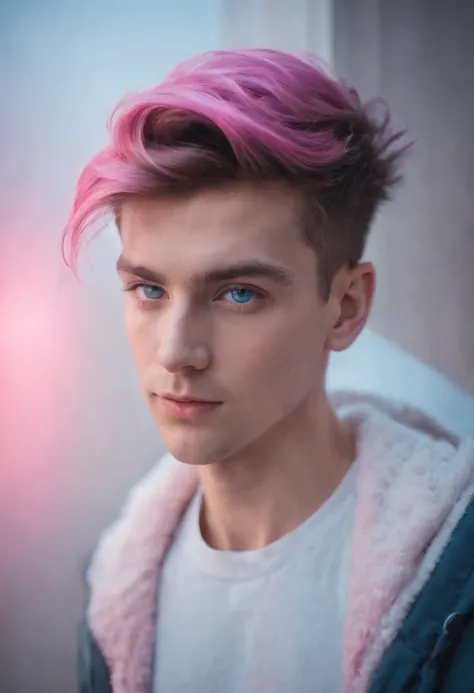 a young man with pink and blue eyes is photographed with his hair, in the style of neon realism, light and shadow play, layered imagery, volumetric lighting, split toning, surreal human figures, goerz hypergon 6.5mm f/8