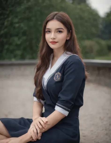 (1girl), sitting, smirk, long hair, glowing skin, model posing, legs crossed, JP SCHOOL UNIFORM, 22 years old, looking at viewer,while the f2 aperture and 35mm lens create a perfect balance of depth and detail.