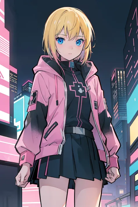 solo, 1girl, (masterpiece), ((16 year old appearance)), Blonde hair, blue eyes anime girl, black and pink jacket, Black skirt, cyberpunk city,