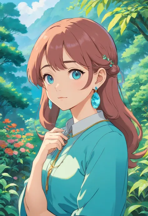 a girl wearing an anime collar, a long necklace and earrings, in the style of tranquil gardenscapes, colorful animation stills, masami teraoka, aquamarine, paul gauguin, Embry style, honest portrayal