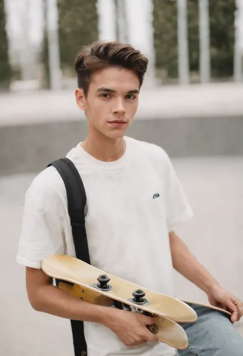 a young man holding a skate board, in the style of fujifilm quicksnap disposable camera, minimalist portraits, light white and gold, rodenstock imagon 300mm f/5.8, balanced asymmetry, heatwave，upper body