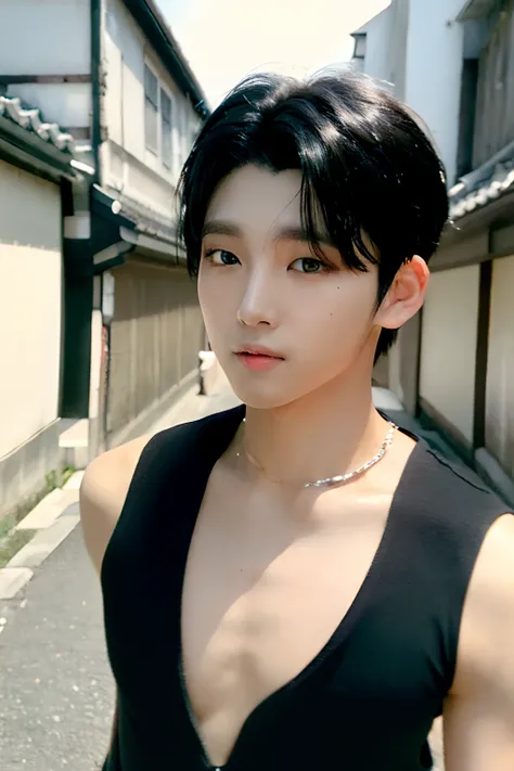 (beautiful young idol with luscious black hair:1.2), (strolling through the picturesque streets of Kyoto:1.1), (captured in stunning 8K ultra-high-definition:1.3), (radiating an aura of breathtaking beauty:1.0)