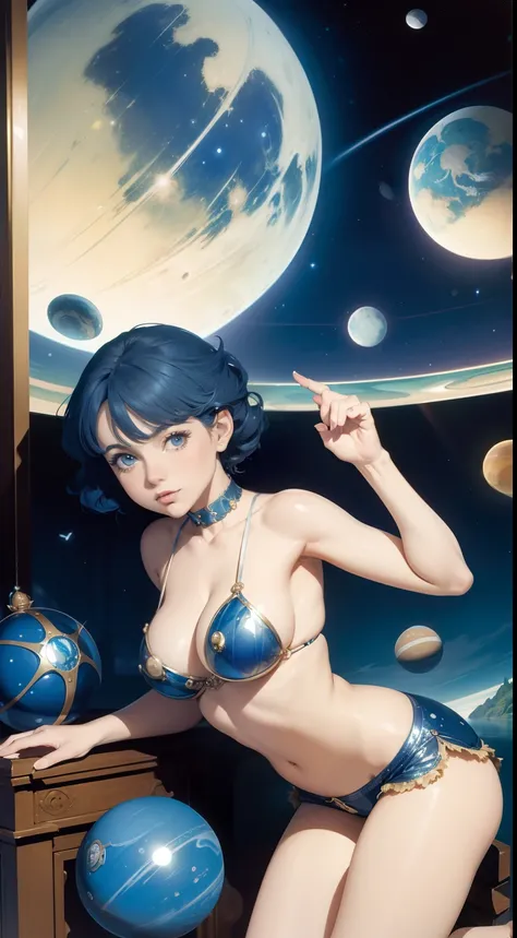 Margaret Tarrant, Dali sur　absurderes　wondrous　strange　Whimsical　Sci-Fi Fantasy　Solar system in marbles　Girl peeking at marbles very tigh low cut small top, tight tiny hot pants, huge breasts large ass, cleavage, front, hyperdetailed high resolution high q...