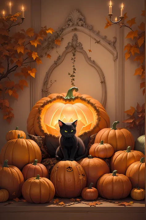 A fluffy black kitten sitting in a huge pumpkin, perfect symmetrical eyes, under Tyndall light effect, a Halloween atmosphere, Mysterious