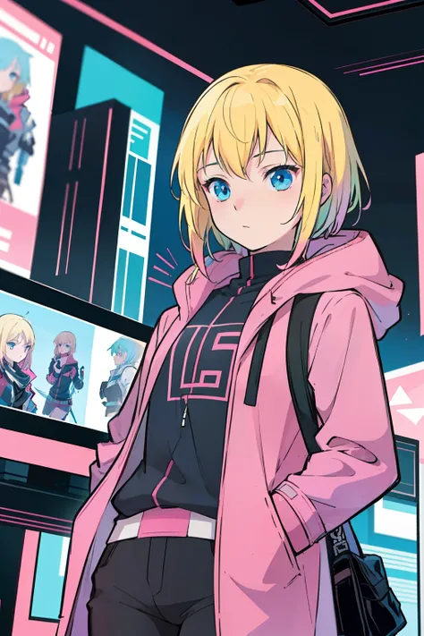 solo, 1girl, (masterpiece), ((16 year old appearance)), Blonde hair, blue eyes, anime girl, Dark pink coat, Black pants, cyberpunk city,