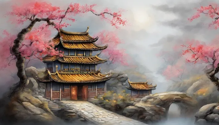 （Microlandscape：1.8，Faraway view，High viewing angle lens），Antique game scene design，A corner of the ancient town of Jiangnan，Black night sky，the night，starrysky，Lanterns，big trees，florals，Flowers in the bushes，Trees bloom，Sakura architecture，Antique carved...