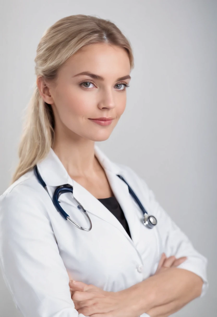 blond doctor with stethoscope over his neck, posing with arms crossed, white background, in the style of ultrafine detail, high quality photo, 35 mm f/2.4,upper body