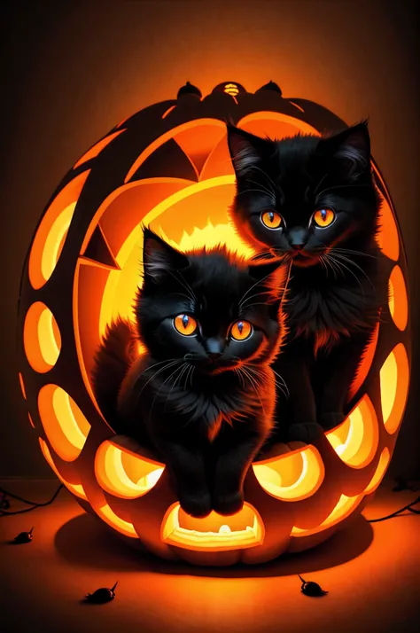 A fluffy black kitten sitting in a huge pumpkin, perfect symmetrical eyes, under Tyndall light effect, a Halloween atmosphere, Mysterious