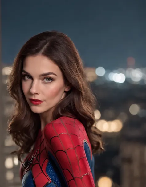 photo of S164_SophieONeil, a stylish woman, on a (balcony:1.1), wearing a (spiderman-suit:1.1), (cityscape), (8k, RAW photo, best quality, depth of field, ultra high res:1.2), (absurdres, intricate, photorealistic, masterpiece, ultra-detailed:1.3)