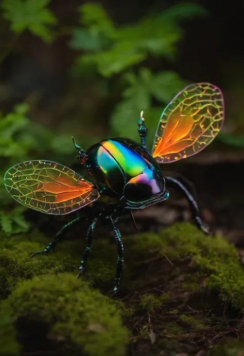 Puppet beetle，Features complex metal exoskeletons and luminescent bioluminescent patterns, Stand on the mossy forest floor. The wings of the beetle are partially spread, Bright rainbow colors. There is a soft ethereal glow around the beetle, Add to its oth...