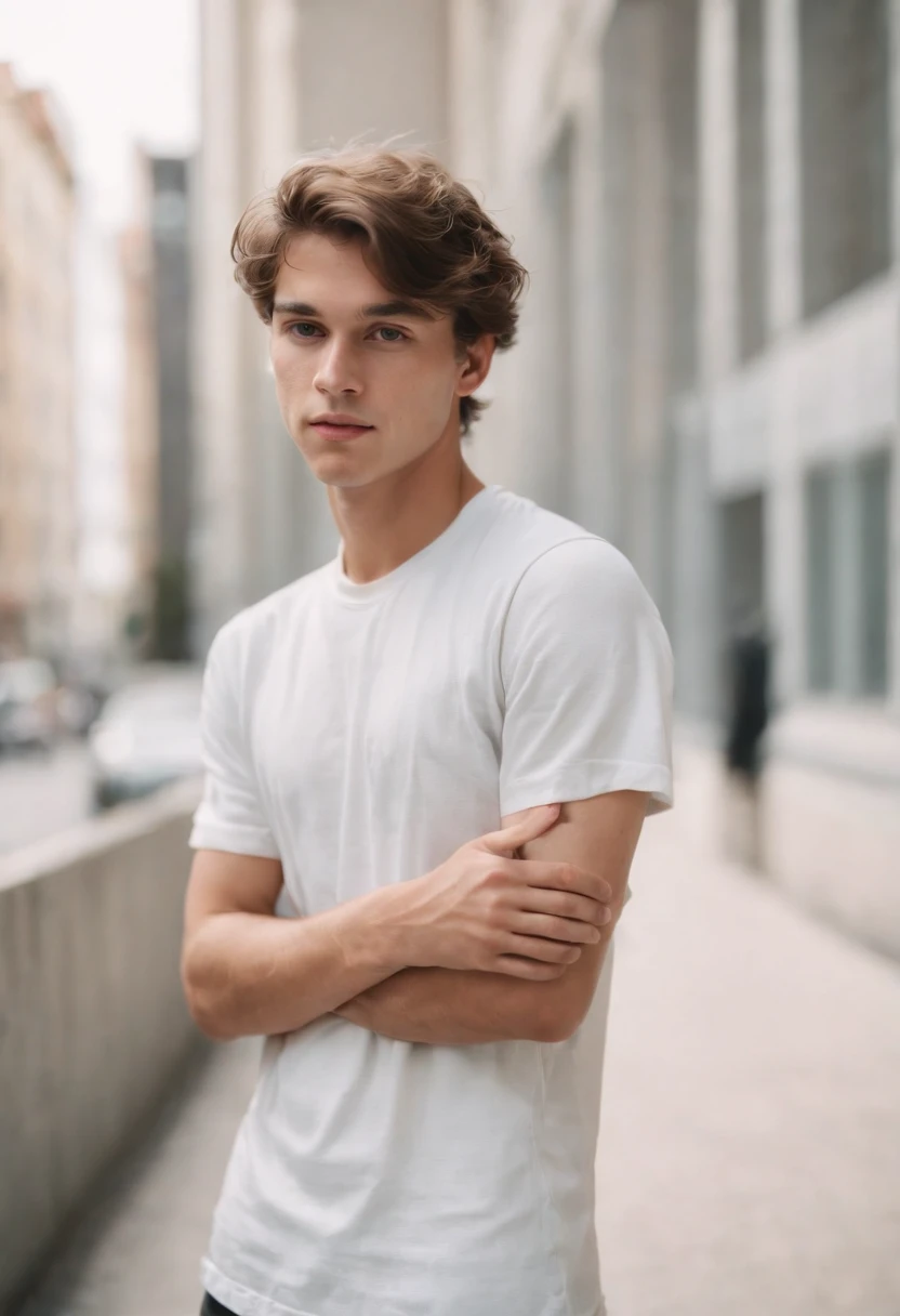 a young man holding a skate board, in the style of fujifilm quicksnap disposable camera, minimalist portraits, light white and gold, rodenstock imagon 300mm f/5.8, balanced asymmetry, heatwave，medium long shot