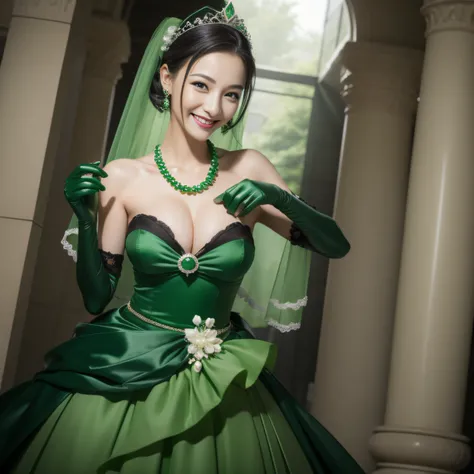 Boyish very short black hair, lipsticks, Japan woman smiling, Green Long Grove, Long green gloves made of satin material, lipsticks, Japan woman smiling, Satin green long gloves,　emerald tiara, Green Pearl Necklace, verd s eyes, Green eyes, Long green glov...