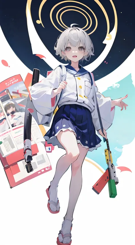 full body, anime girl, wearing japan uniform, wide shot, long shot, cute, gray hair, short hair, ahego hair , happy expression, jump, fix hand