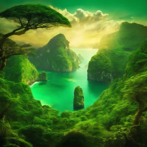 super high image, super detail, super high resolution, uninhabited island, dome-shaped island, towering cliffs, lush trees, inanimate objects, emerald green natural cave professional lighting