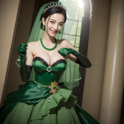 Boyish very short black hair, lipsticks, Japan woman smiling, Green Long Grove, Long green gloves made of satin material, lipsticks, Japan woman smiling, Satin green long gloves,　emerald tiara, Green Pearl Necklace, verd s eyes, Green eyes, Long green glov...