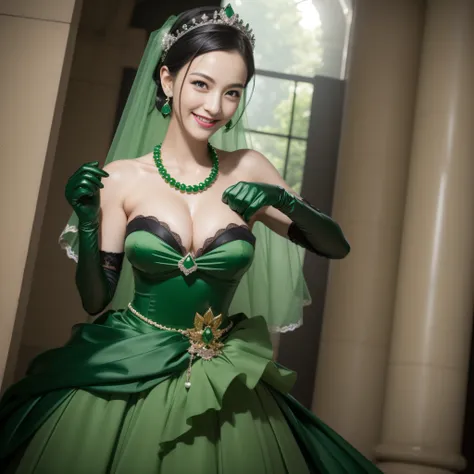 Boyish very short black hair, lipsticks, Japan woman smiling, Green Long Grove, Long green gloves made of satin material, lipsticks, Japan woman smiling, Satin green long gloves,　emerald tiara, Green Pearl Necklace, verd s eyes, Green eyes, Long green glov...