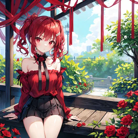 Red hair、Hair is up、red eyes、Beautiful girl alone、off shoulders、a miniskirt、Bright red rose garden、sitting on