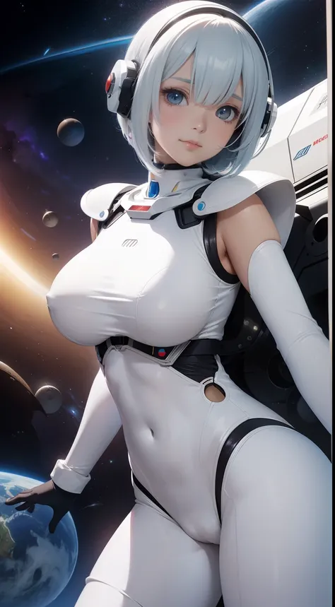 Roger Hane Anime　wondrous　strange　Whimsical　surreal　fanciful　Sci-Fi Fantasy　Locket　droid　Beautiful girl in a space suit　Martian　Milky Way　Raygun　retro-futuristic　SF pulp style　thin very tight white body suit, show all the body line and shapes. Spread legs,...