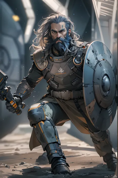 modelshoot of middle aged black bearded viking, scifi battle armour, fighting pose, futuristic background, highly detailed, spaceships in background.