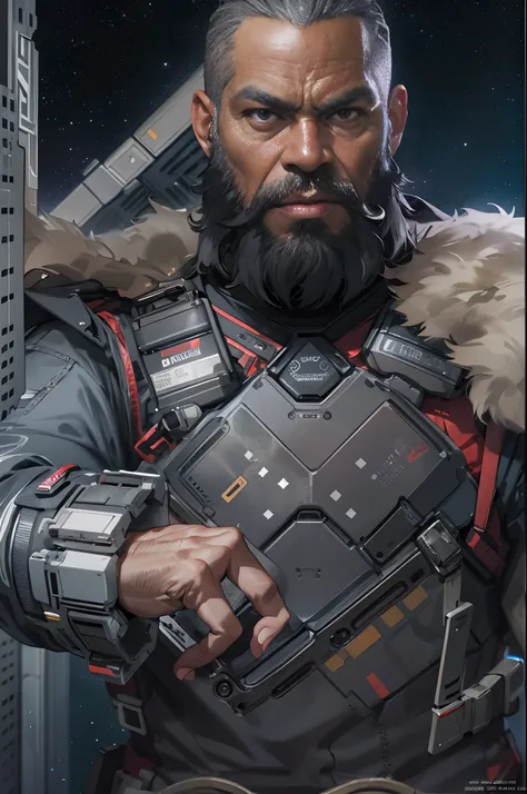 modelshoot of middle aged black bearded viking, scifi battle armour, fighting pose, futuristic background, highly detailed, spaceships in background.