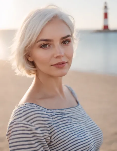 Coastal beauty, pregnant woman in a charming nautical outfit, (short white hair), striped shirt, (bright eyes, sun-kissed skin, carefree expression), sandy beach background, lighthouse, gentle sea breeze, playful pose, dynamic composition, golden hour ligh...