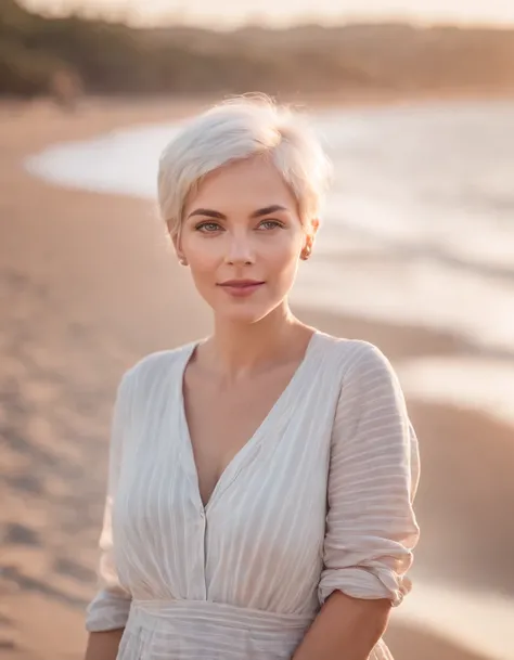 Coastal beauty, pregnant woman in a charming nautical outfit, (short white hair), striped shirt, (bright eyes, sun-kissed skin, carefree expression), sandy beach background, lighthouse, gentle sea breeze, playful pose, dynamic composition, golden hour ligh...