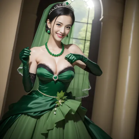 Boyish very short black hair, lipsticks, Japan woman smiling, Green Long Grove, Long green gloves made of satin material, lipsticks, Japan woman smiling, Satin green long gloves,　emerald tiara, Green Pearl Necklace, verd s eyes, Green eyes, Long green glov...