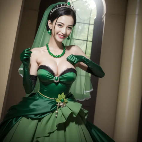 Boyish very short black hair, lipsticks, Japan woman smiling, Green Long Grove, Long green gloves made of satin material, lipsticks, Japan woman smiling, Satin green long gloves,　emerald tiara, Green Pearl Necklace, verd s eyes, Green eyes, Long green glov...