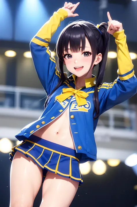 There are a lot of uniformed cheerleaders posing for photos, cheering, in blue and yellow clothes, closeup Iwakura Lain, japanese high school, idolmaster, blue and yellow, iwakura lain, Joyful look, coy smile, Young Gravure Idol