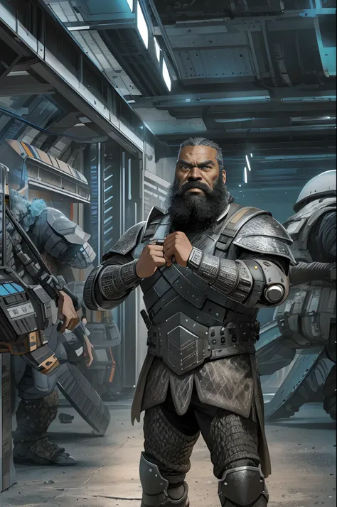 modelshoot of middle aged black bearded viking, scifi battle armour, fighting pose, futuristic background, highly detailed, spaceships in background.