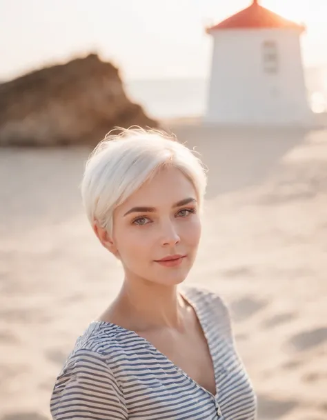 Coastal beauty, 1 girl dressed in charming nautical costume, (Short white hair), Striped shirt, (Bright eyes, Sun-kissed skin, Carefree expression), beach sand background, lighthouse, Gentle sea breeze, playful pose, Dynamic composition, Golden hour lighti...