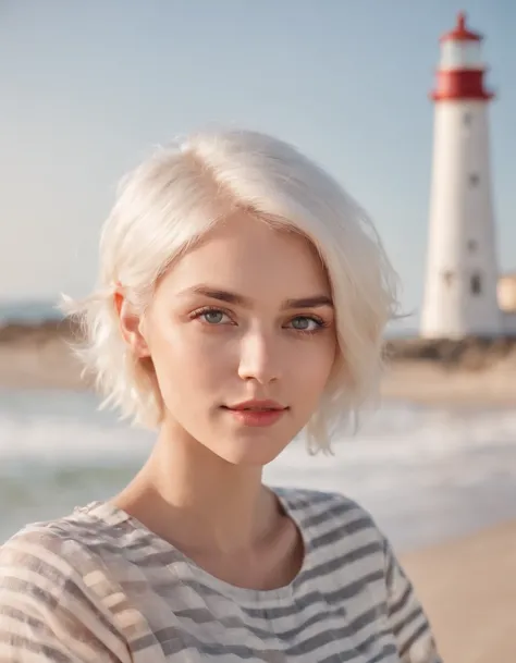 Coastal beauty, 1 girl dressed in charming nautical costume, (Short white hair), Striped shirt, (Bright eyes, Sun-kissed skin, Carefree expression), beach sand background, lighthouse, Gentle sea breeze, playful pose, Dynamic composition, Golden hour lighti...