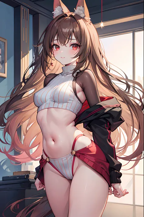 Detailed image of a loli, Light brown hair long and loose aesthetic tousled, red eyes sharp and seductive, Beautiful face, smiling, full lips, wolf ears and tail, with earrings, medium breasts, blushing eyeshadow, long thick eyelashes, posing sensually, dr...