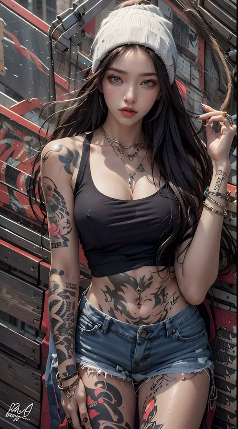 high resolution, 1 woman, hips up, Beautiful eyes, Long hair, jewelry, tattoo, street wear