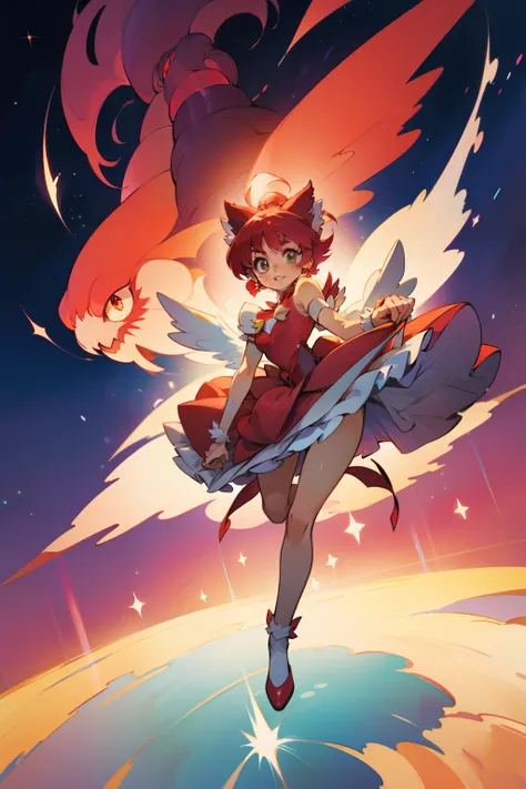 red themed magical girl, fluffy dress, tokyo mew mew style, full body, dynamic, in the sky