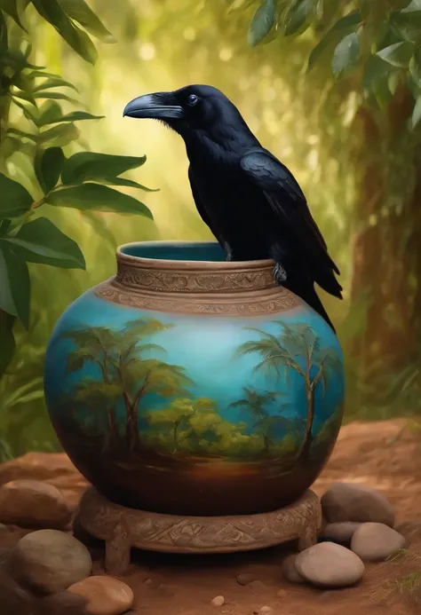 a fantastic tone third-person painting in the image of a raven based in the rainforest, natureza , arvores, pedras, folhas, colorida, vibrante, sol, brilhante, caloroso , clay jug with handles inside it water up to half of the clay jug . ,The same jar is o...