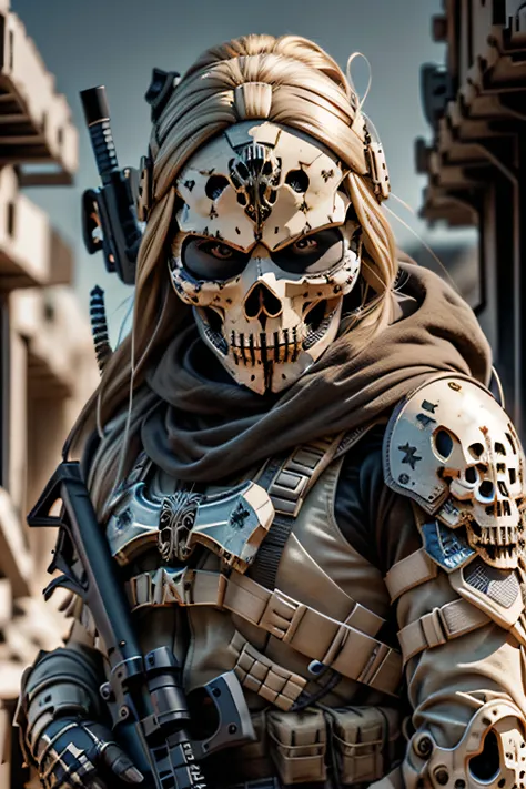 blonde barbie, cute, girly, skull mask, armor, army, holding weapon, thedeathsquad